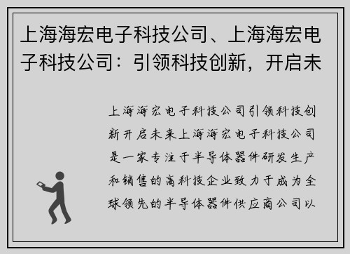 上海海宏电子科技公司、上海海宏电子科技公司：引领科技创新，开启未来